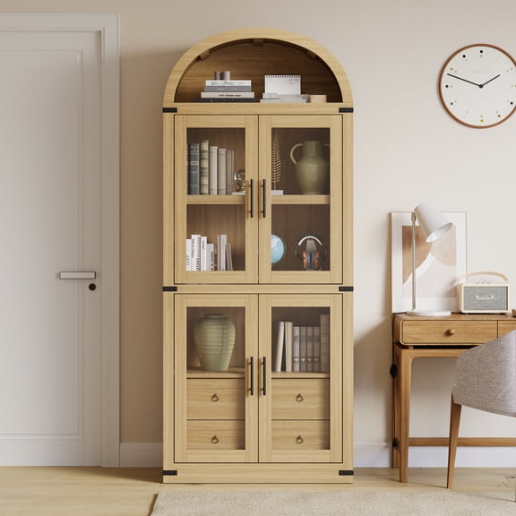 Kicctian Arched Wooden Bookcase with Glass Doors and Drawers, 71.4" Tall Modern Farmhouse Display Cabinet, Multi-Purpose Storage Shelves for Living Room, Kitchen or Office,Wood Color