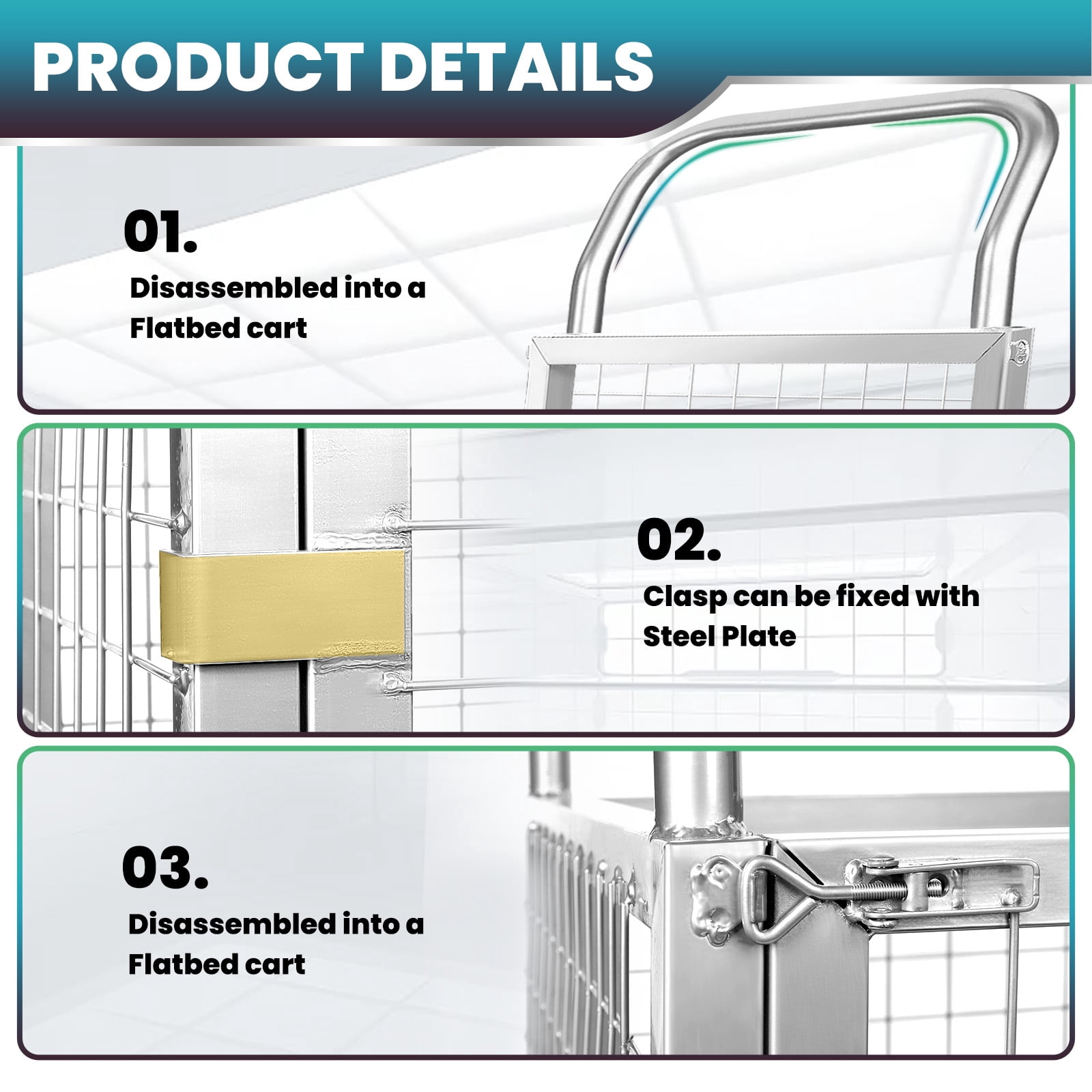 Net cage Trolley Heavy Duty Hand Truck with Cage Portable Platform Cart, 60.6 Pounds Silvery Metal Cart, Load 2200LBS 4-in-1 Design for Laundry, Groceries, Warehouse