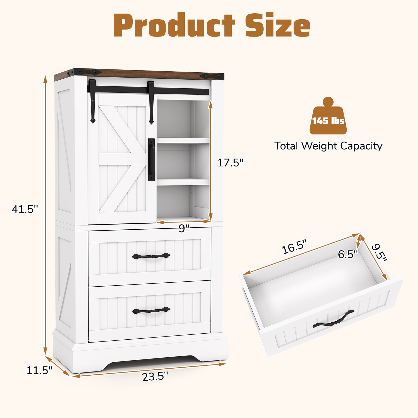 Gymax Farmhouse Bathroom Floor Cabinet w/Sliding Door Adjustable Shelves & 2 Drawers