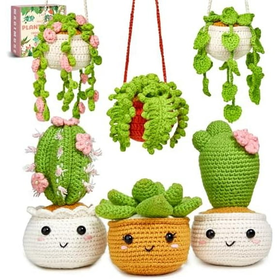 Crochet Kit for Beginners, Crochet Starter Kits, Amigurumi Craft Knitting Crocheting Kits with Step-by-Step Video Tutorials, 6 Pack Hanging Potted Plants Family(40%+ Yarn$$Art & Craft