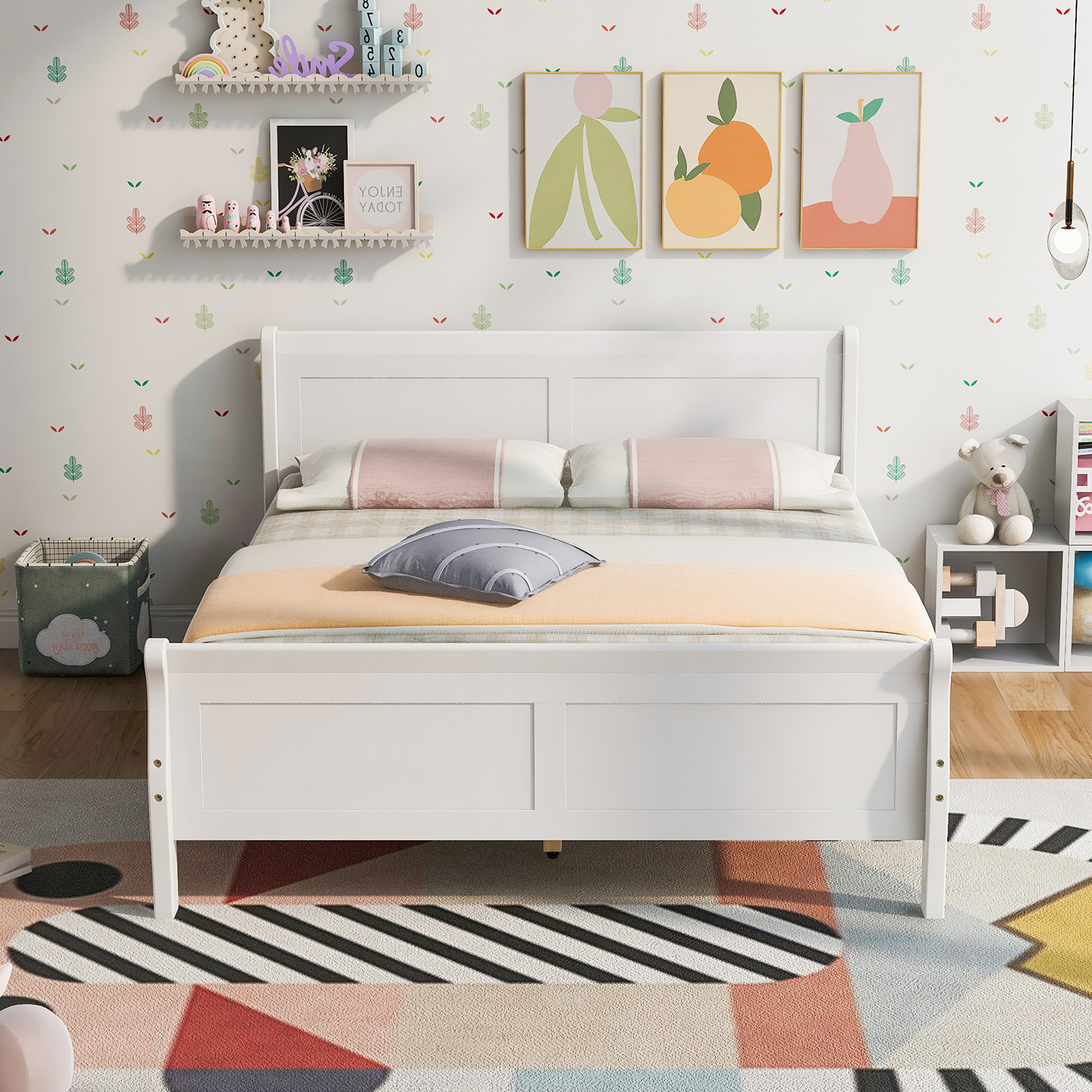 Hommoo Full Size Platform Bed Frame with Wood Headboard and Footboard, Wooden Slat Support, White