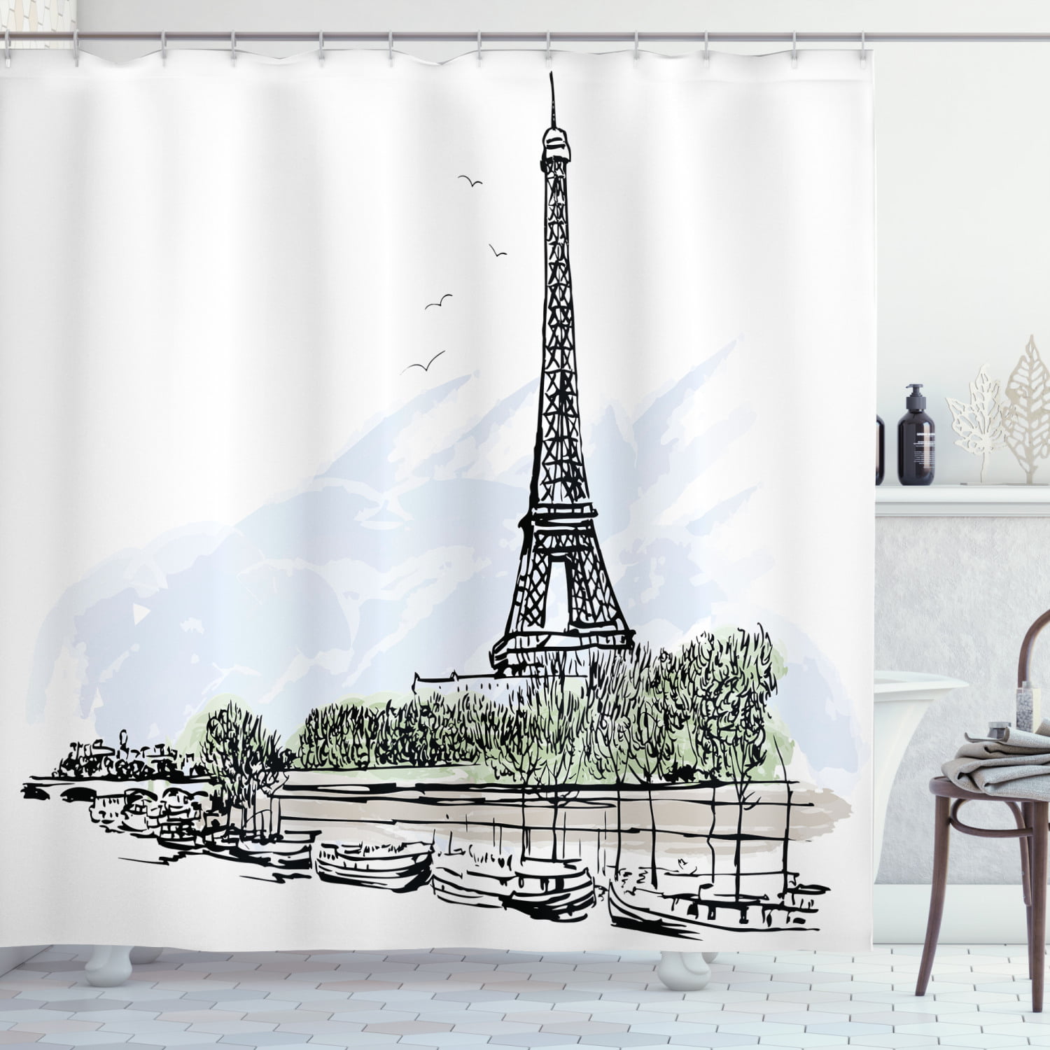 Black White Eiffel Artistic Tone Shower Curtain Bathroom Polyester Fabric Hooks 