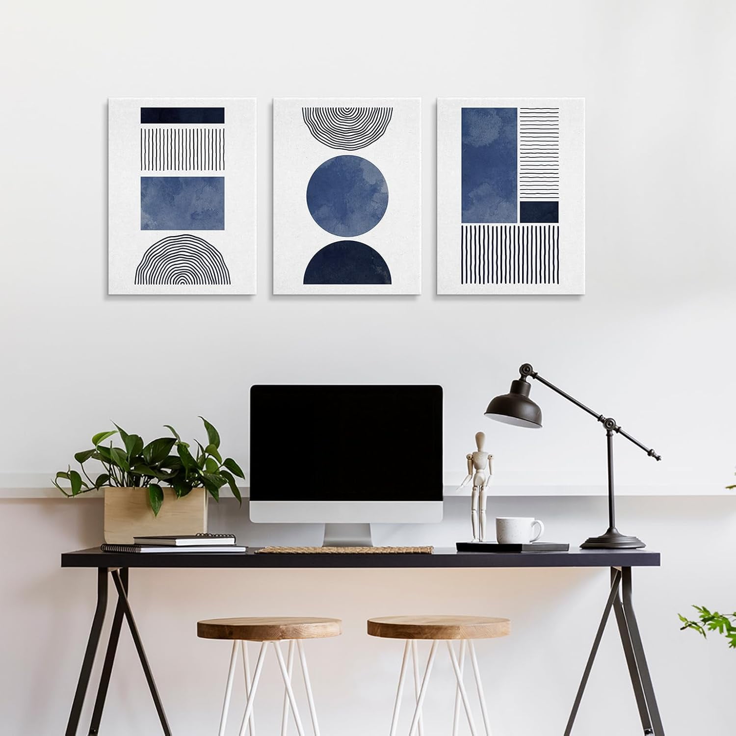 Black Blue and White Wall Art Canvas Set Mid Century Boho Pictures Modern Geometric Wall Decor Minimalist Bohemian Abstract Painting Artwork for Living Room Bedroom Office 12" x 16" x 3Pc