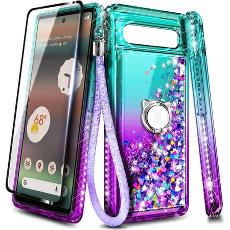 Nagebee Phone Case Compatible for Google Pixel 7 Pro with Screen Protector (Soft Full Coverage), Sparkle Glitter Liquid Bling Diamond [Ring Holder & Wrist Strap] Women Cute Case (Aqua/Purple)