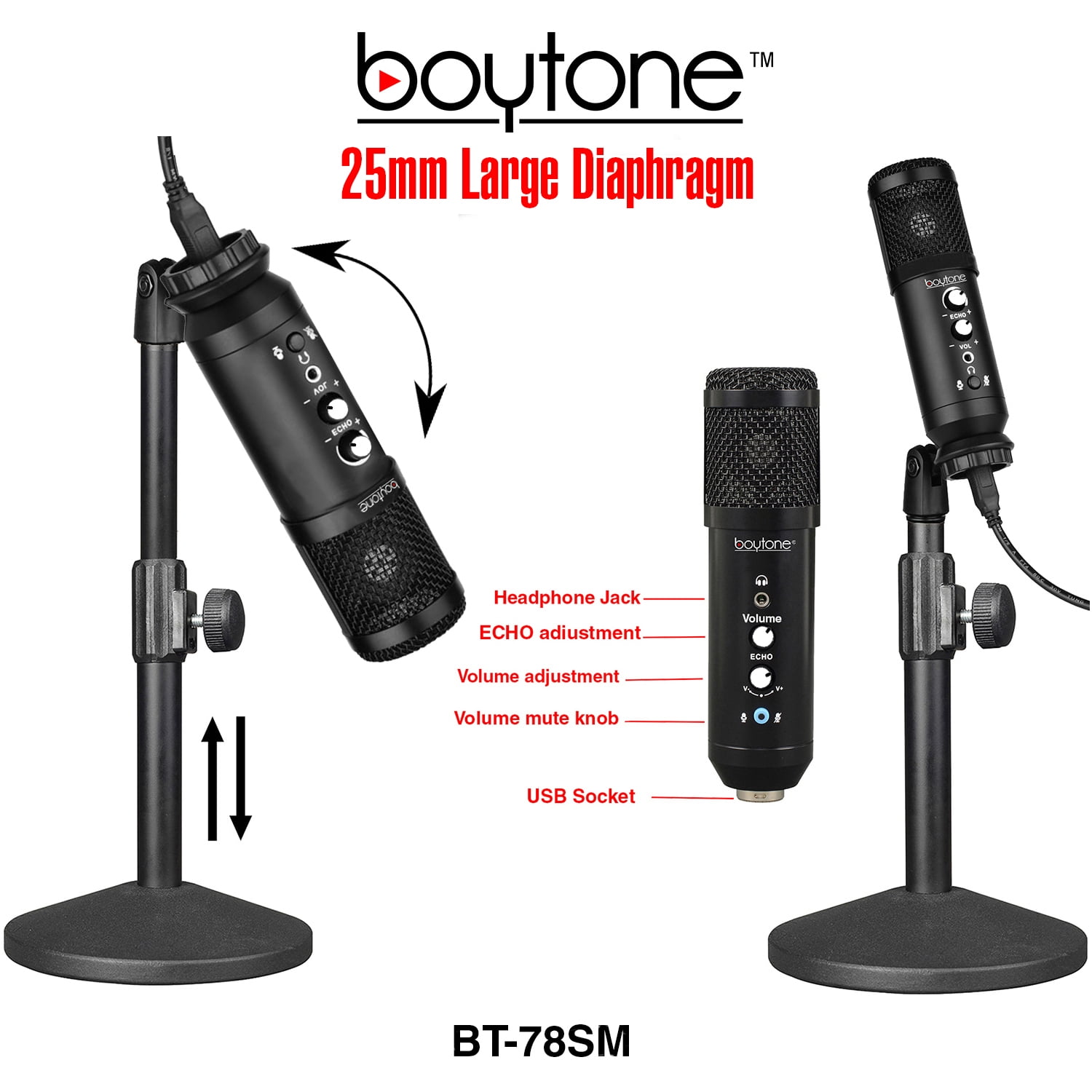 Boytone BT-78SM, 25mm Diaphragm USB Microphone Streaming, Podcasting, Recording for PC and Mac, Studio Vocal Recording Quality Sound, Plug & Play