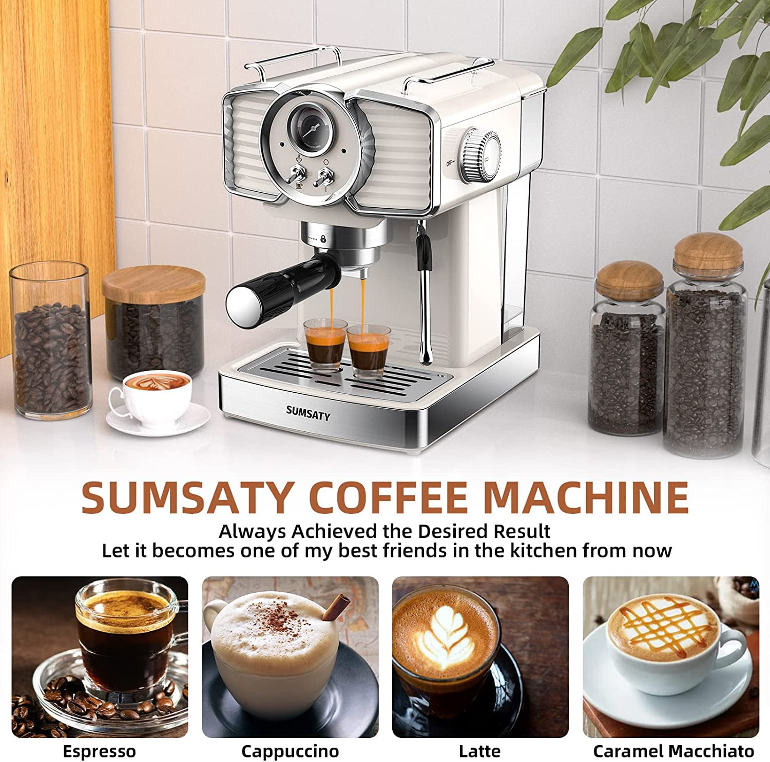 SUMSATY RNAB0BQ71GMQV sumsaty espresso coffee machine 20 bar, retro  espresso maker with milk frother steamer wand for cappuccino, latte,  macchiato