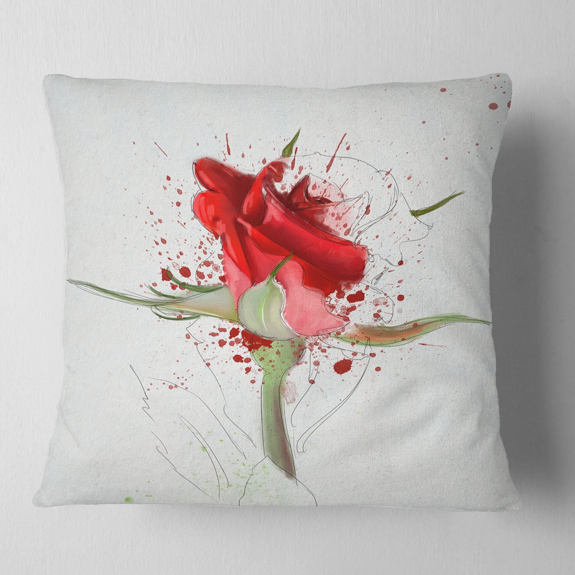 Designart Bright Hand drawn Red Rose Sketch - Floral Throw Pillow - 16x16
