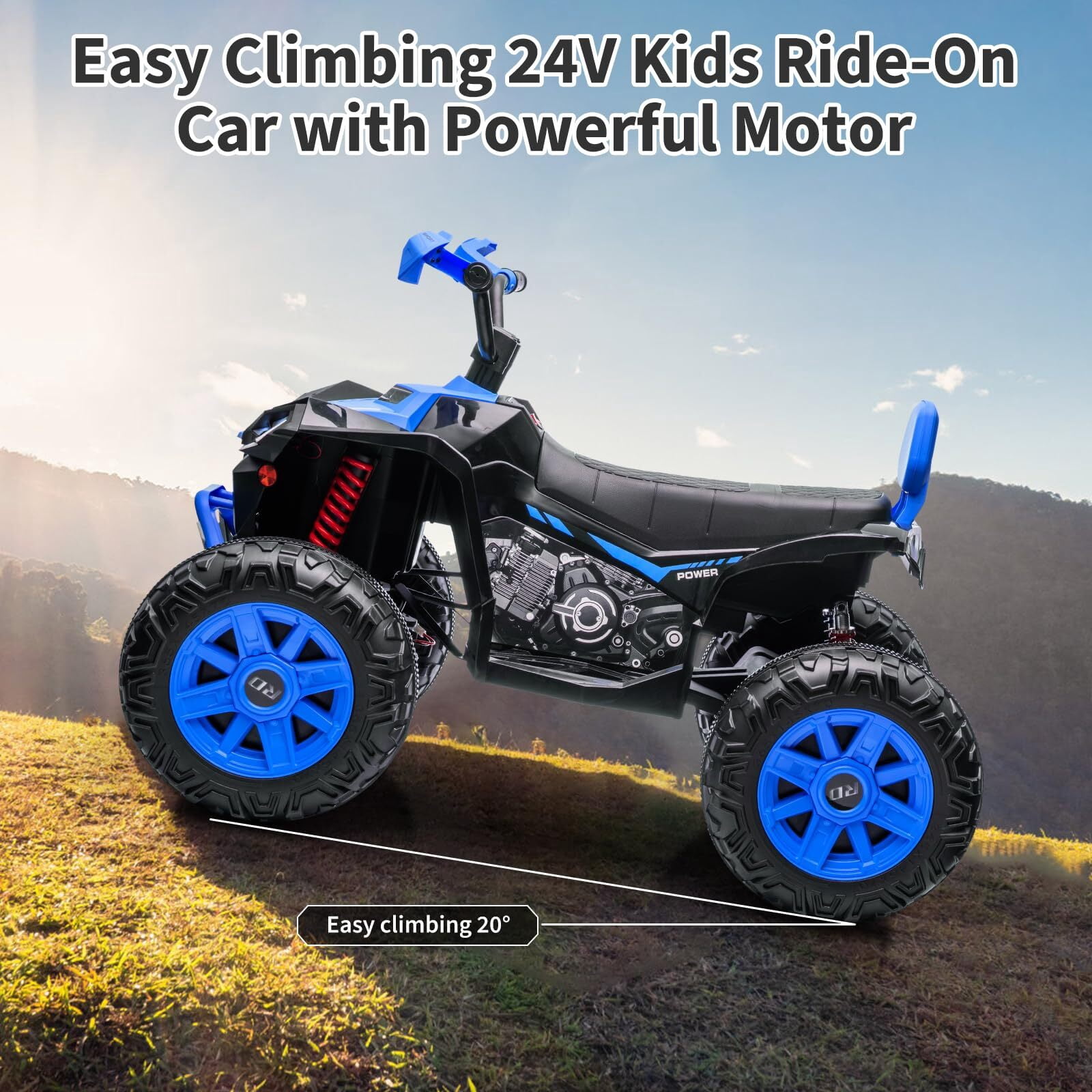 24 Volt Kids ATV Ride-On, Electric Dual 4 Wheeler with 2-Seater, Ride on Toys for Big Kids with Bluetooth, LED Lights, Music, High Low Speed, Blue