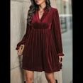 thumbnail image 4 of Vestido Elegante Retro Corto Holgado con Escote en V y Larga de Terciopelo de Color Liso para Mujer, Ropa de Moda para Otoño e Invierno. Vino Tinto M, 4 of 9