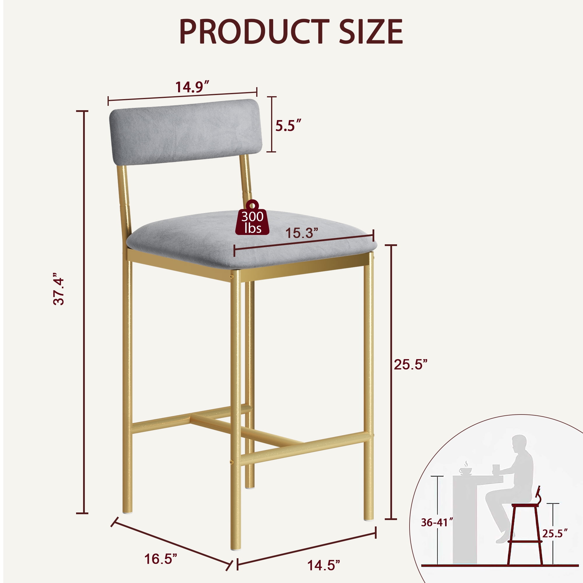 Bar Stools Set of 2, Upholstered Height Bar Stools with Backrest and Footrest, Kitchen Barstools for Island, Counter Bar, Easy Assembly, Gold + Velvet Gray