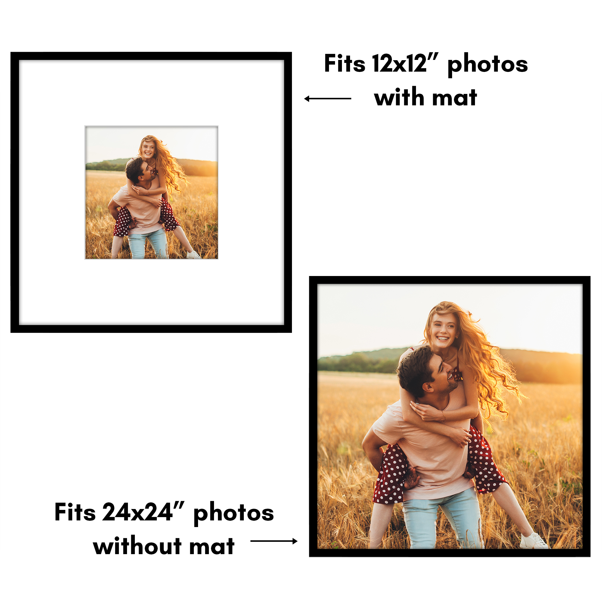 Americanflat 24x24 Picture Frame with Polished Plexiglass with 12x12 Mat Display Photo Streamline - Black