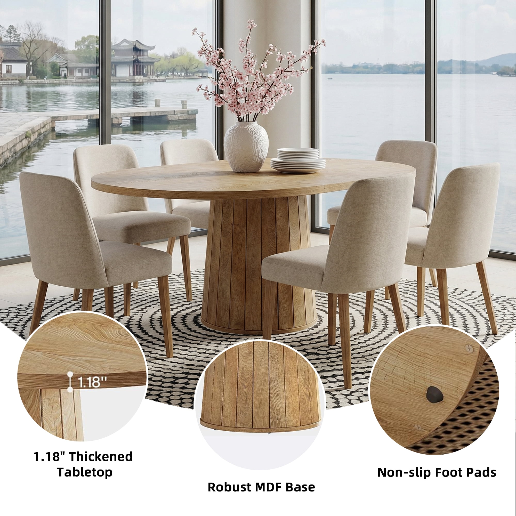 MAYEERTY 55 Inch Oval Dining Table, Elegant Kitchen Dinner Table with Cylindrical Wooden Pedestal Base for Family Dining