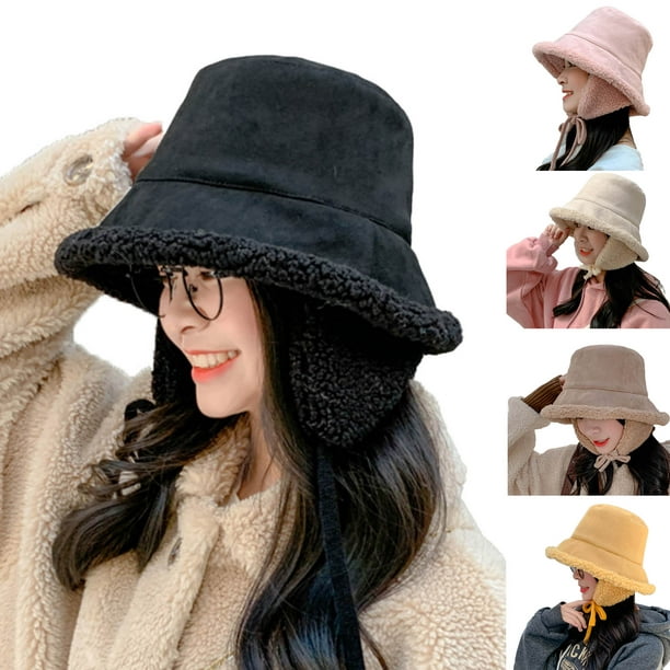 Aofa Ear Flap Lace Up Bucket Hat Wide Brim Women Solid Color Cashmere Lined Fisherman  Cap for Autumn Winter 