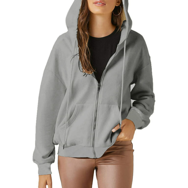 Zip Up Hoodies for Women Solid Color Oversized Hooded Sweatshirt Basic  Loose Zipper Jacket Y2k Coat Streetwear