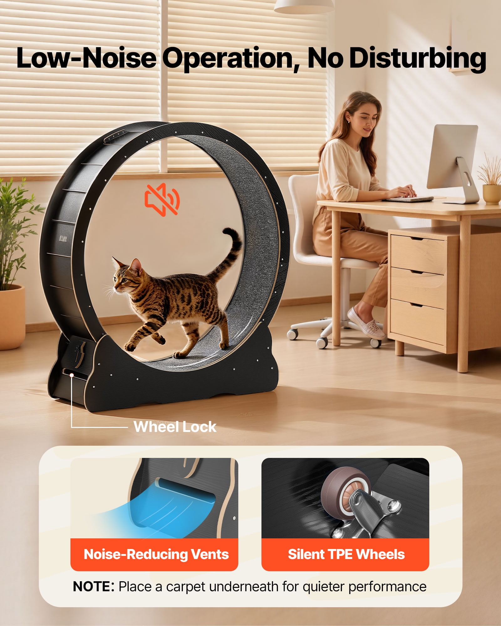 VEVOR Cat Exercise Wheel, 48 in Wooden Cat Running Wheel for Indoor Cats up to 28 lbs, Cats Treadmill with Carpeted Runway & Locking Mechanism, Quiet Kitten Sport Toys for Pets Fitness & Health