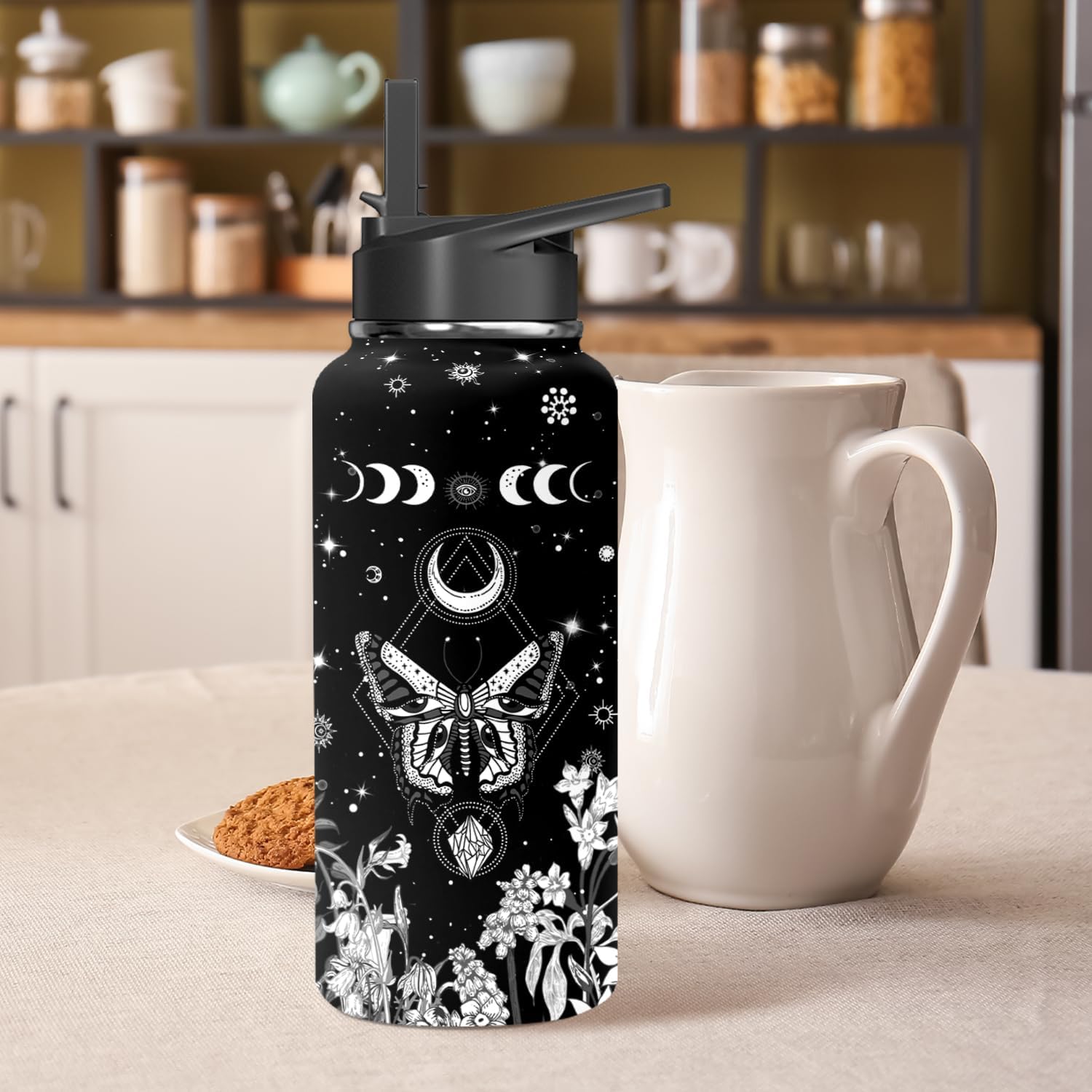 32oz Goth Water Bottle - Double Wall Vacuum Insulated Stainless Steel Tumbler with Leakproof Flip Straw & Handle, Gothic Aesthetic Travel Mug for Hot/Cold Drinks - Gift for Goth Lovers