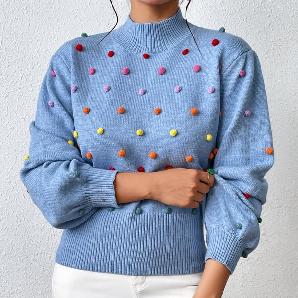 Suéter De Punto Rainbow Pom Pom Puentes básicos Estilo elegante Mujeres Suéter de invierno Traje de vacaciones Cgtredaw L Azul para Mujer