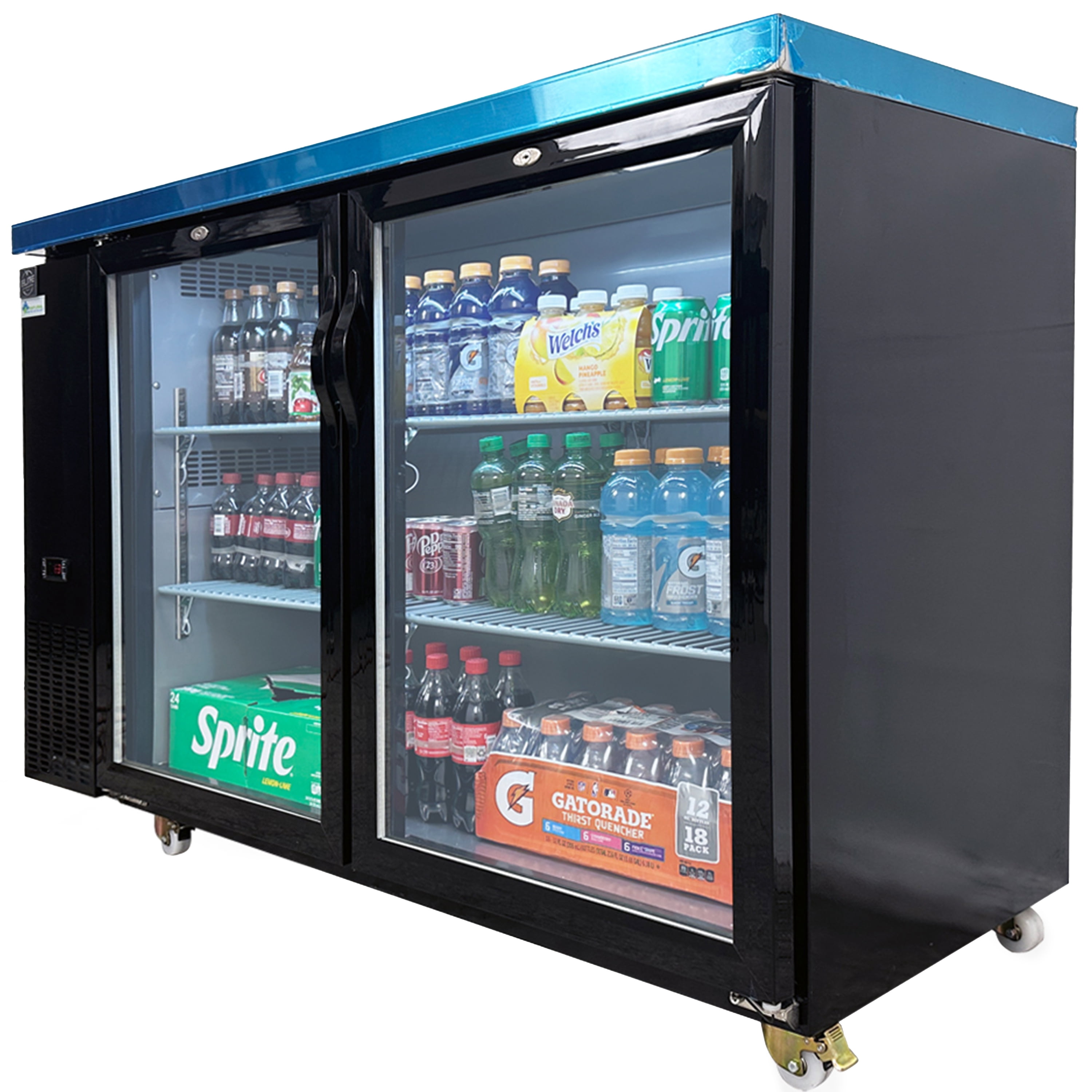 Back Bar Cooler, 57” Double Glass Door Beverage Refrigerator, 16 cu.ft., Stainless Interior, R290 Eco Refrigerant, 115V/60Hz