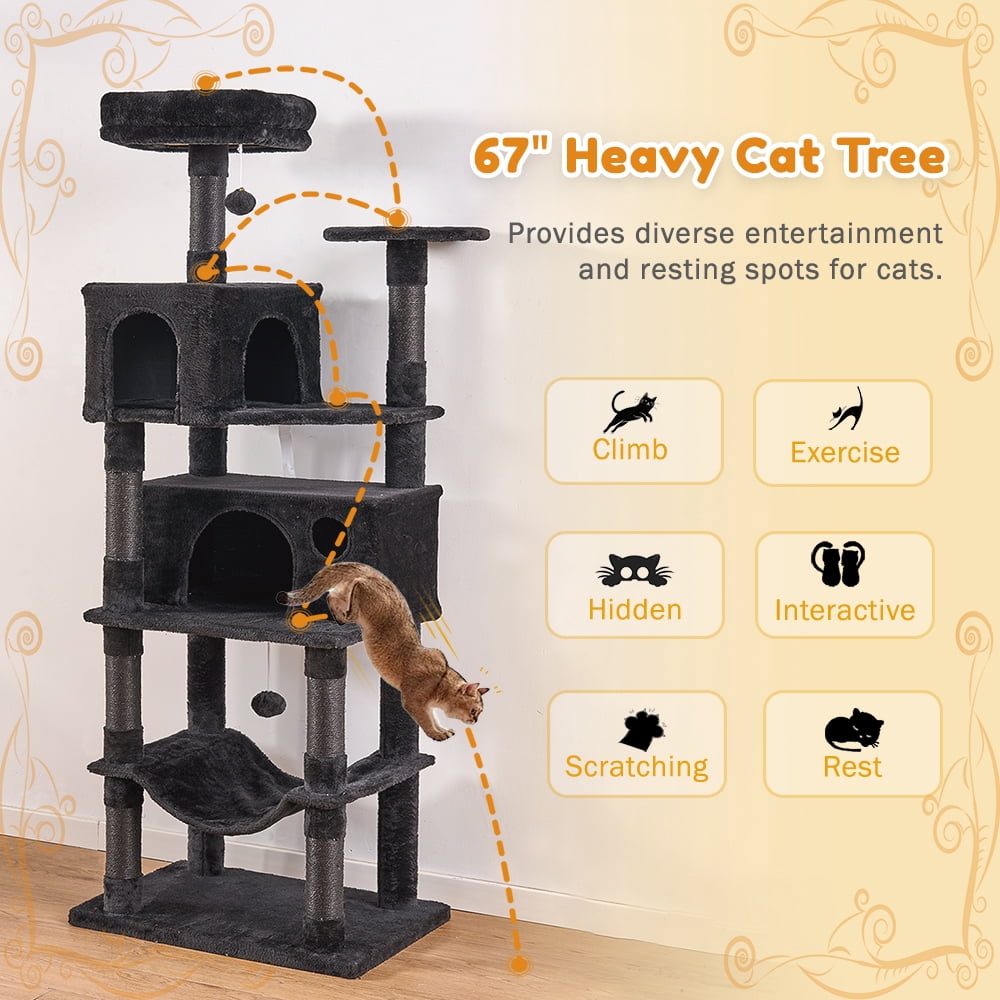 Senbonry 67in Heavy Duty Cat Tree for Indoor Cats Large Adult,Tall Cat Climbing Tower with Hammock,Sisal Scratching Post,Basket,Removable Perch,Condo,Black