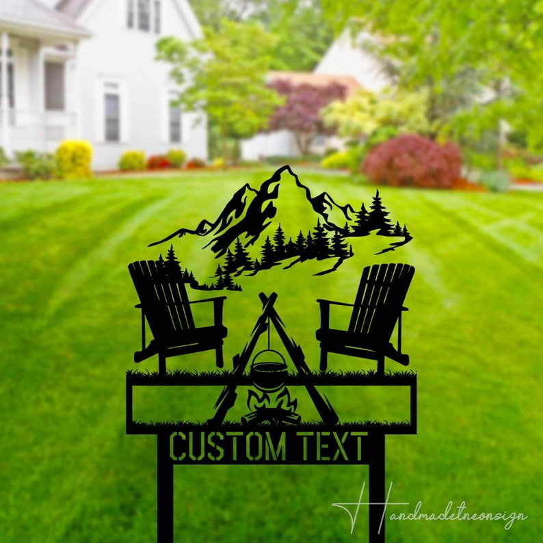 Handmadetneonsign Personalized Outdoor Camping Fire Name Metal Sign With Stakes, Garden Yard Decor