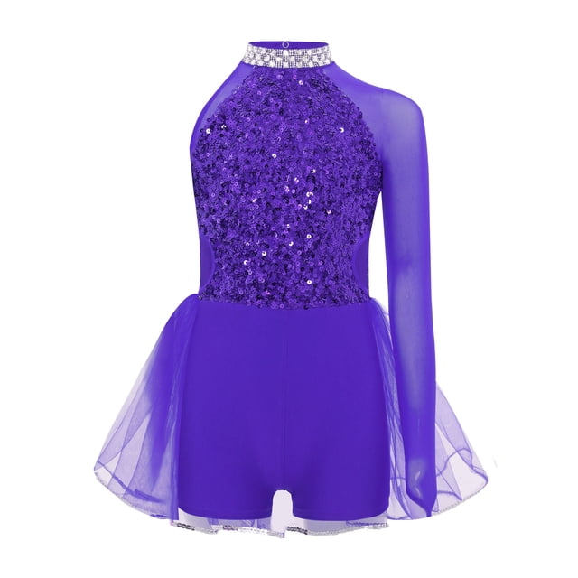 TTAO Robe Justaucorps de Danse Jazz à Paillettes pour Filles, Manches Longues, avec Strass, Robe Tutu de Danse Ballet, Violet 10