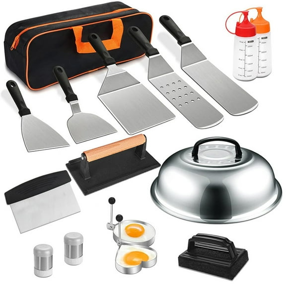 Xinwanna 16PCS Griddle Accessories Kit, Grill Accessories Set for Blackstone and Camp Chef, Stainless Steel Grill Spatula Set with Enlarged Spatulas, Basting Cover, Scraper for Outdoor Barbecue