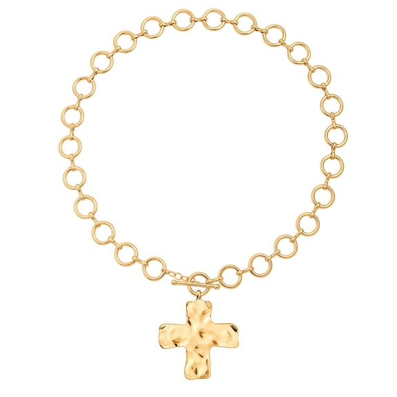 CANEVINKA Statement Chunky Gold Hammered Cross Pendant Necklace for Women Bold Round Rolo Chain Y Necklace Vintage Toggle Jewelry