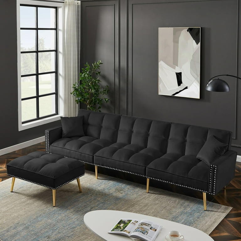Velvet Sofa Bed Convertible Sectional Sofa Couch with Adjustable Backrest Removable Ottoman 2 Pillows Modern Couch Bed with Gold Metal Legs for Living Room Bedroom Black Walmart