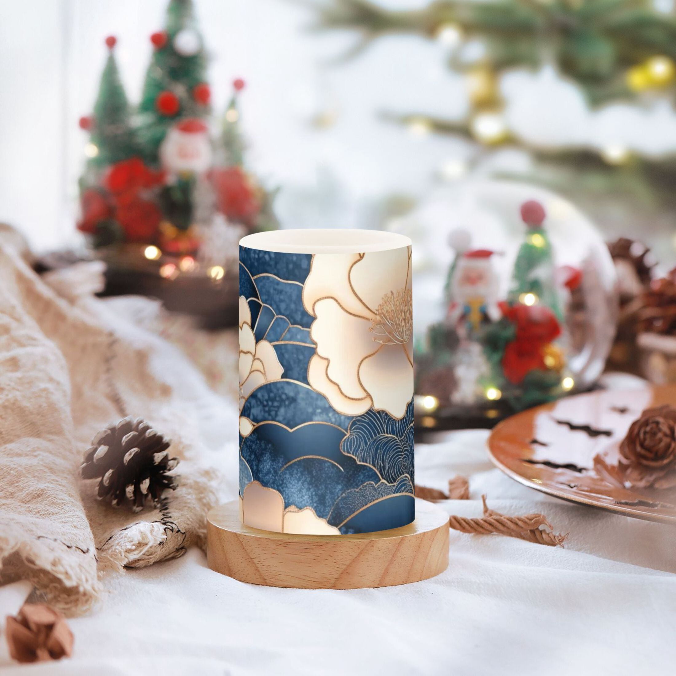 Blue Clouds and Flowers Flickering Flameless Candles Battery Operated with Remote Timer LED Pillar Candles Set of 2