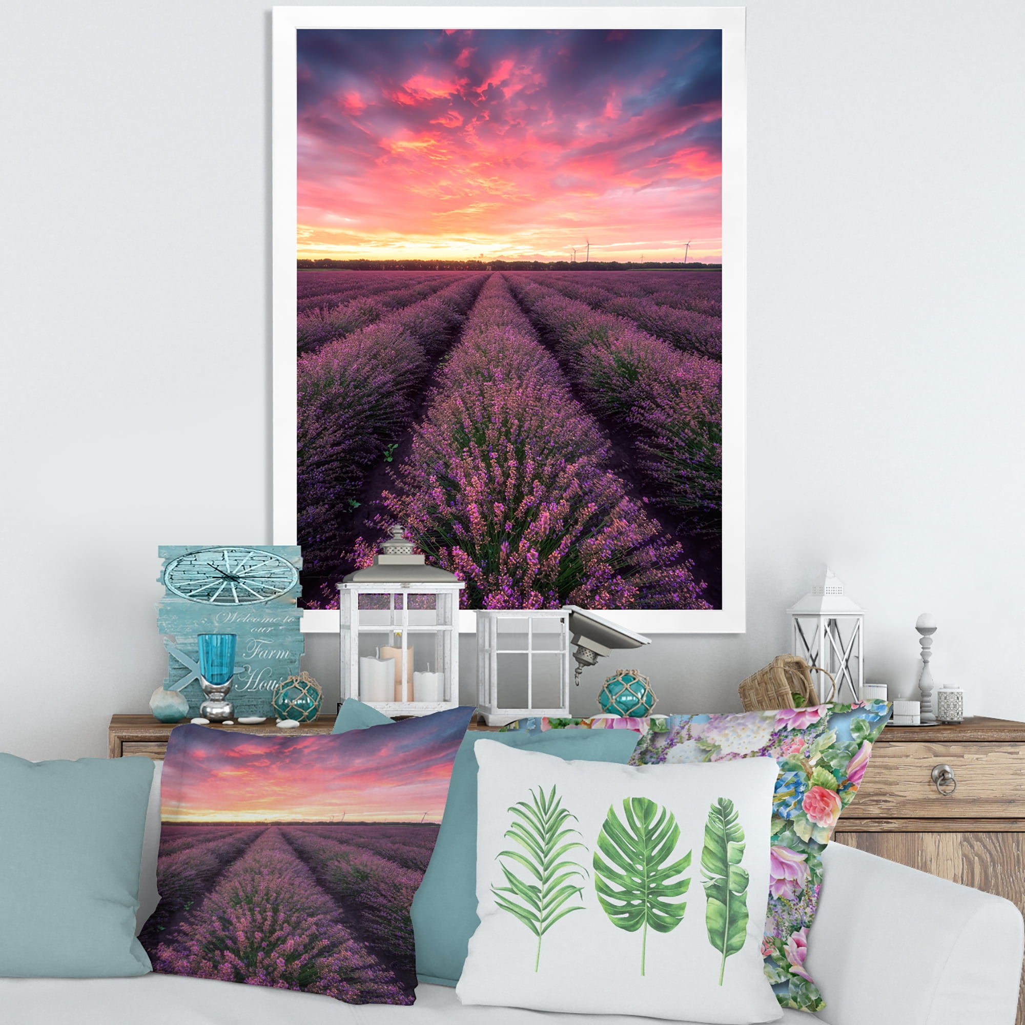 Designart 'Dramatic Clouds and Sunrise Over Lavender Field XIV' Farmhouse Framed Art Print