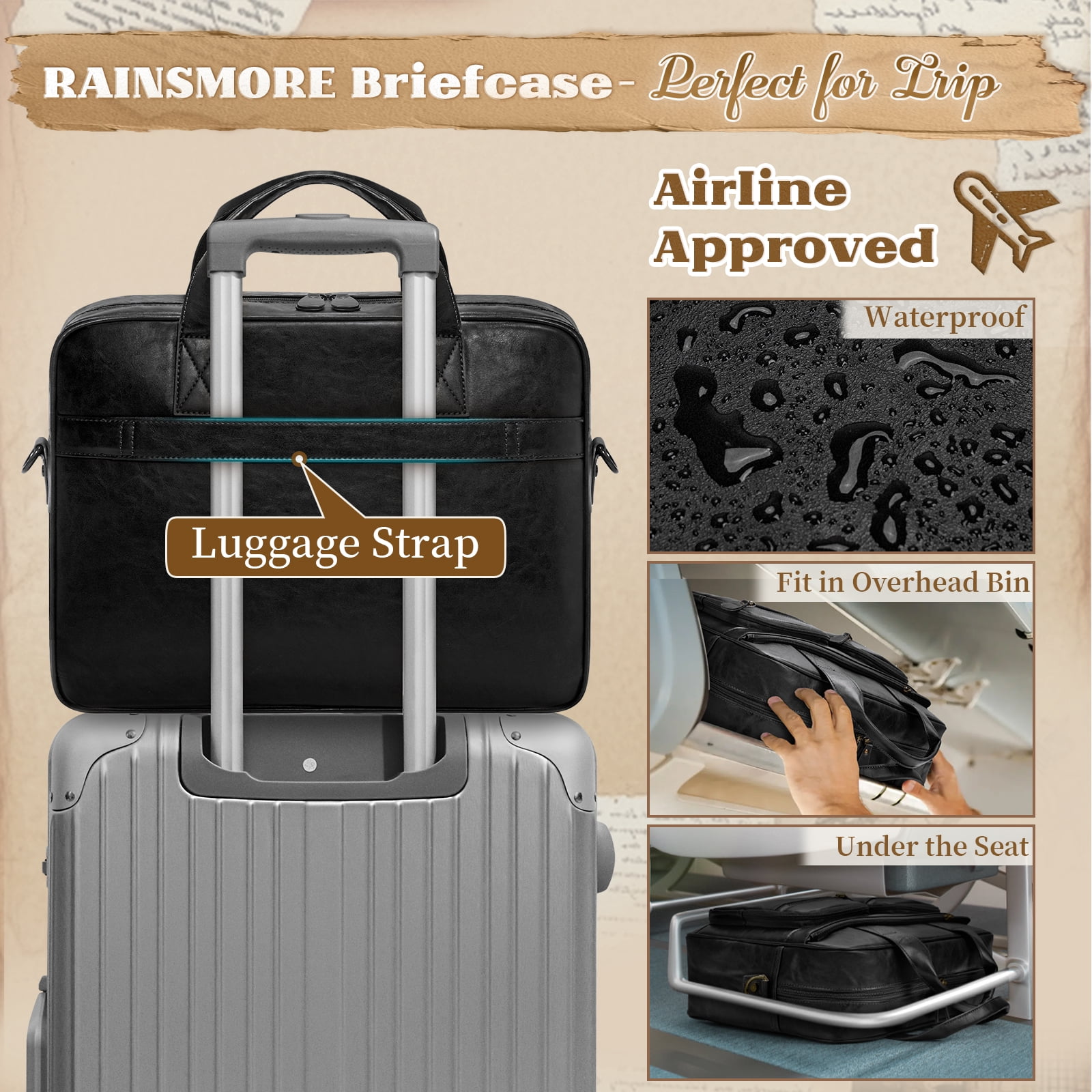 RAINSMORE Vintage Messenger Bag for Men PU Vegan Leather Computer Laptop Bag 15.6 Inch Waterproof Briefcases for Men Retro Mens Briefcase Satchel Bag for Work Office Business Travel,Black