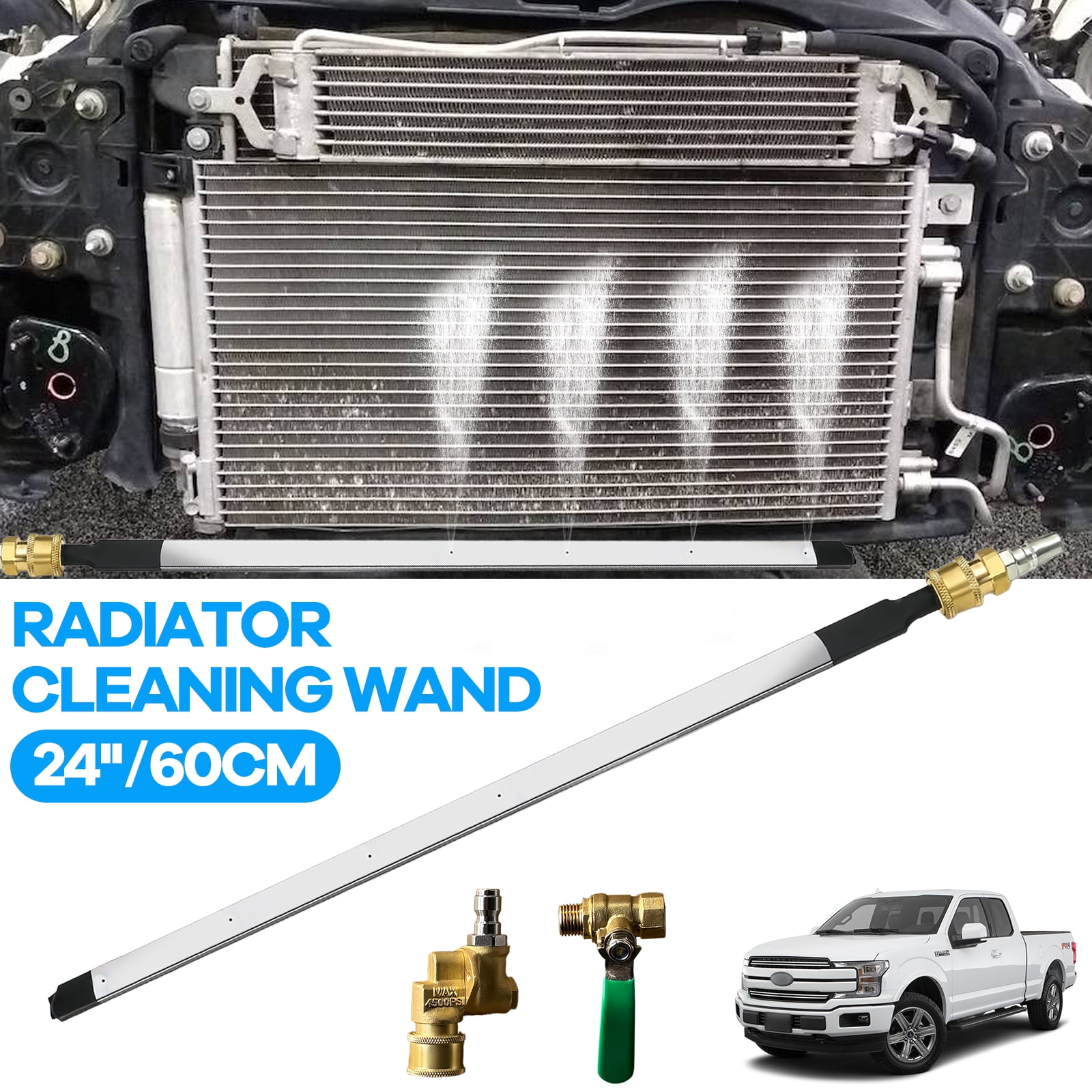 24" Radiator Cleaning Wand - 4500 PSI Stainless Steel Water/Air Radiator Cleaner Cleaner w/Pressure Washer Gun Adapter & Tips for Cars, Trucks, RVs, Heavy Equipment
