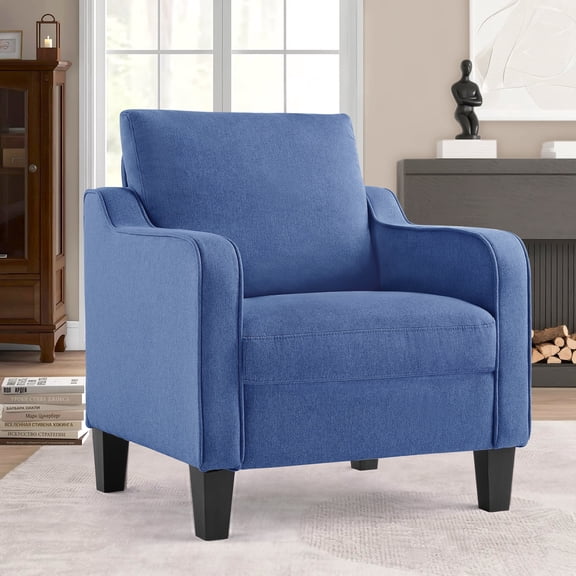 AUNEKIV Mid-Century Modern Accent Chair, Faux Linen Living Room Chair, Comfy Reading Armchair, Small Single Sofa Chair for Bedroom, Office, Blue