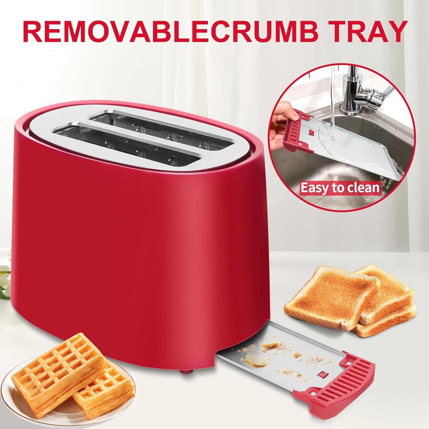 Toaster 2 Slice, Extra Wide Slot Toaster, 7 Shade Settings, Bread Toaster with Cancel, Defrost, Reheat Function, Extra Wide Slots for Waffle or Bagel, Removable Crumb Tray, 750W, Retro Red