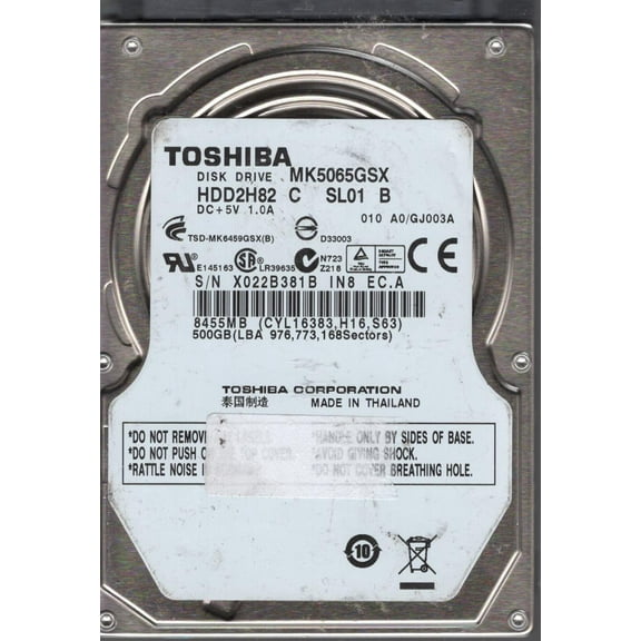 MK5065GSX, A0/GJ003A, HDD2H82 C SL01 B, Toshiba 500GB SATA 2.5 Hard Drive