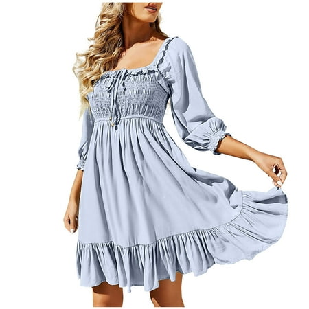 Olyvenn Womens Tunic Mini Babydoll Vacation Dress Drawcord Hollow Open Back Lace-up Smocked Trendy Summer Bubble Sleeve 3/4 Sleeve Prom Dresses for Women Retro Solid Sundress Fashion Sky Blue 4