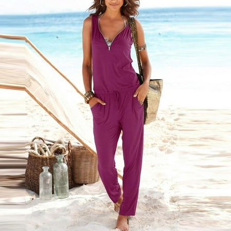 

JNGSA Womens Soft Summer Jumpsuits Plus Size Sexy Solid Color Zip V-neck Jumpsuit Casual Elastic Loose Rompers with Pockets Red