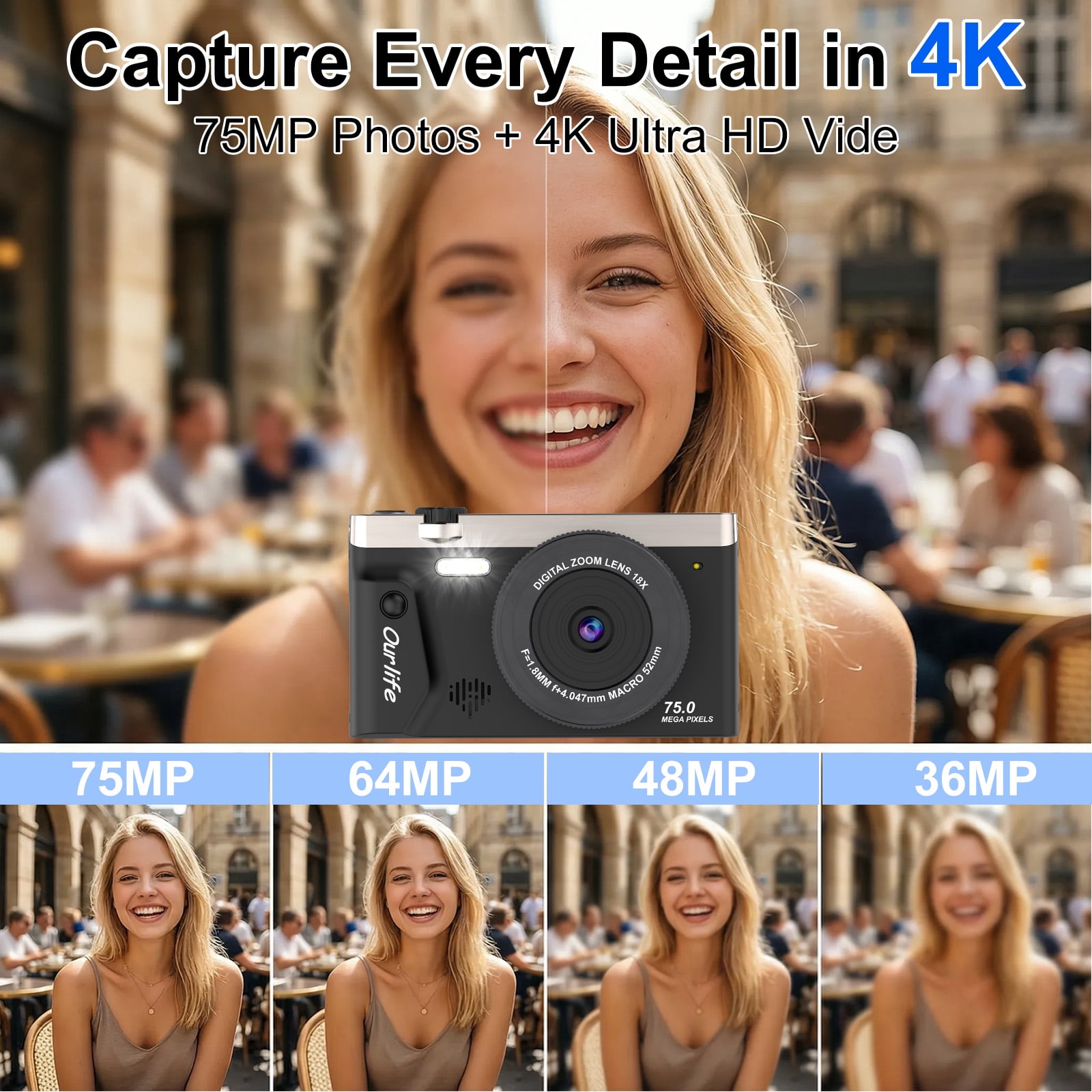 Ourlife 4K 75MP Digital Camera for Photography Autofocus Vlogging Camera with 18X Zoom, 3" Flip Screen,Black