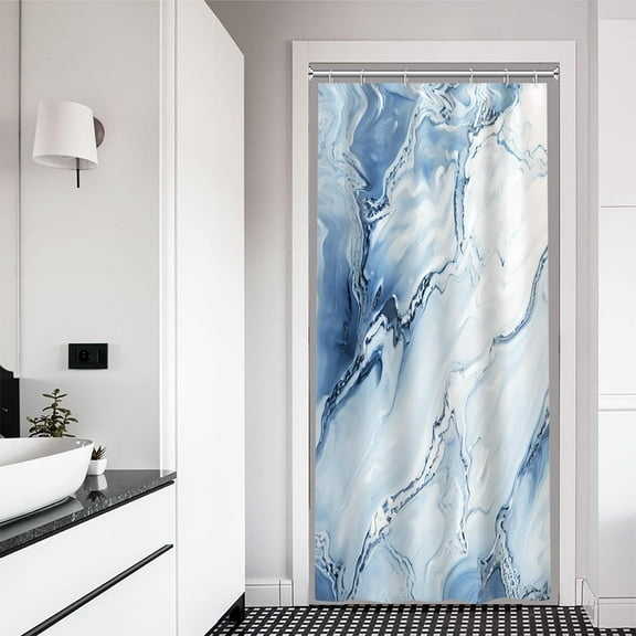 Stall Shower Curtain, Blue Marble Small Shower Curtain Modern Abstract Luqid Waterproof Fabric RV Shower Curtain Set with Hooks, 36x72 Inch