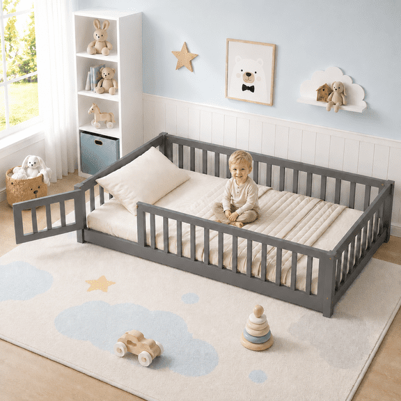 PAPROOS Twin Montessor Floor Bed, Solid Wood Toddler Bed with Safety Guardrail and Door, Easy Assembly, Low-to-Floor Bed Frame with Slats for Kids, Gray