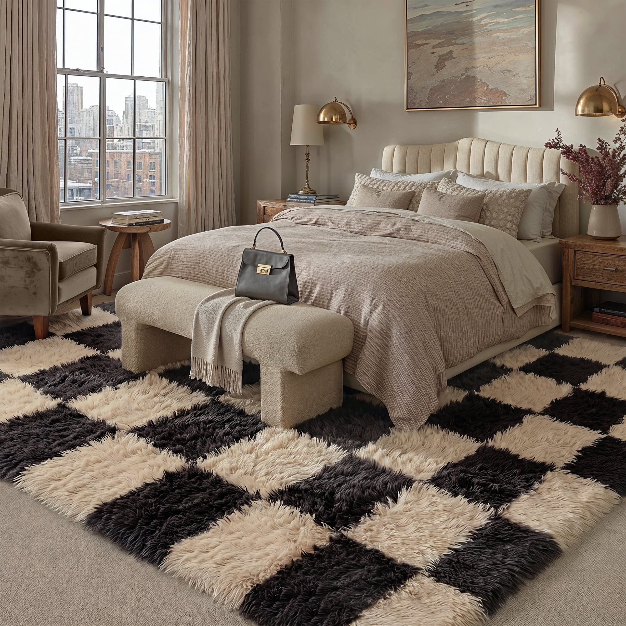 BERTHMEER 8'x10' Large Shag Area Rugs for Living Room Bedroom Dining Room Office Farmhouse Modern Checkered Contemporary Plush Soft Carpets Indoor Fuzzy Fluffy Washable Rugs, Black