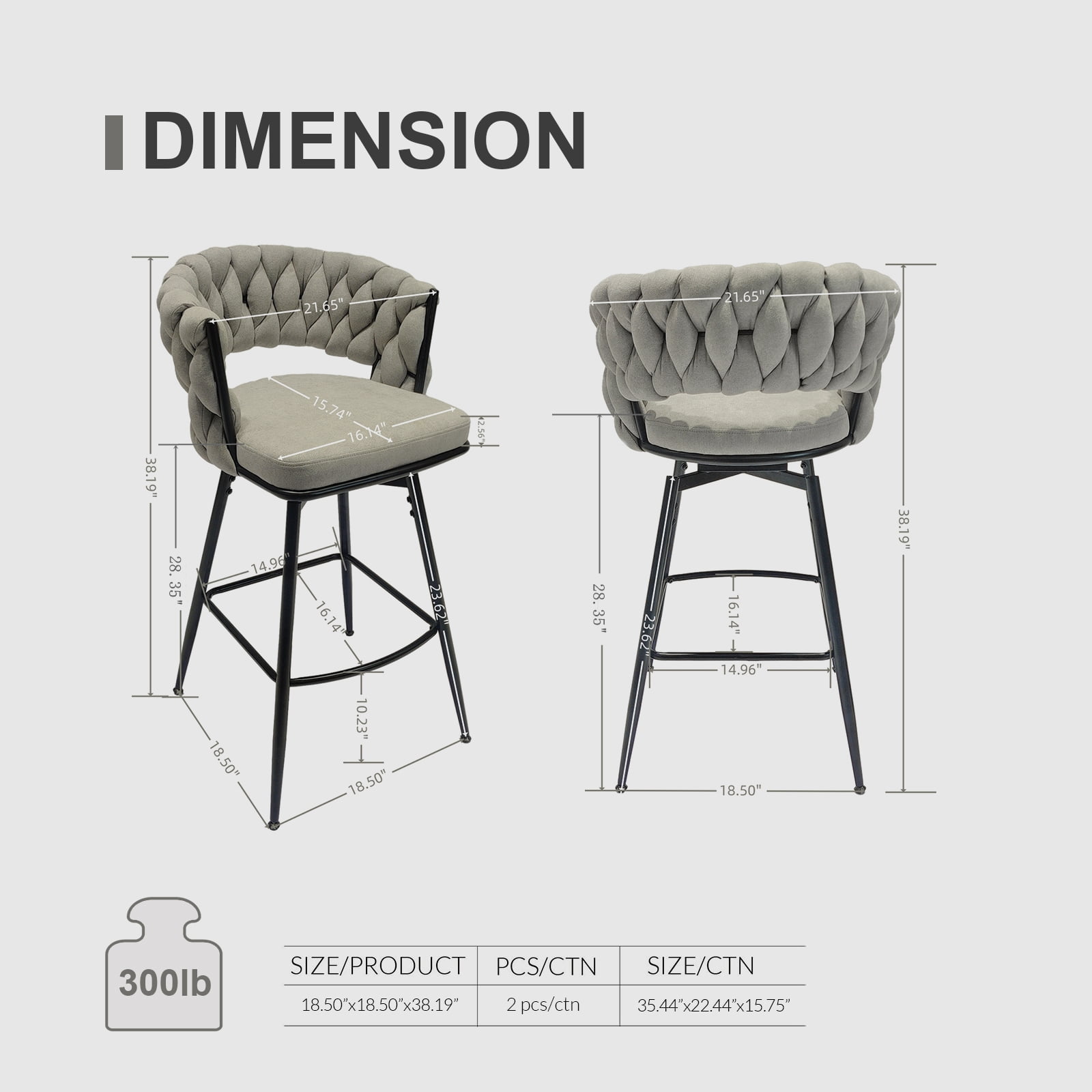 28" Counter Height Set of 2 Grey Linen Swivel Bar Stools with Woven Back and Footrest & Black Legs