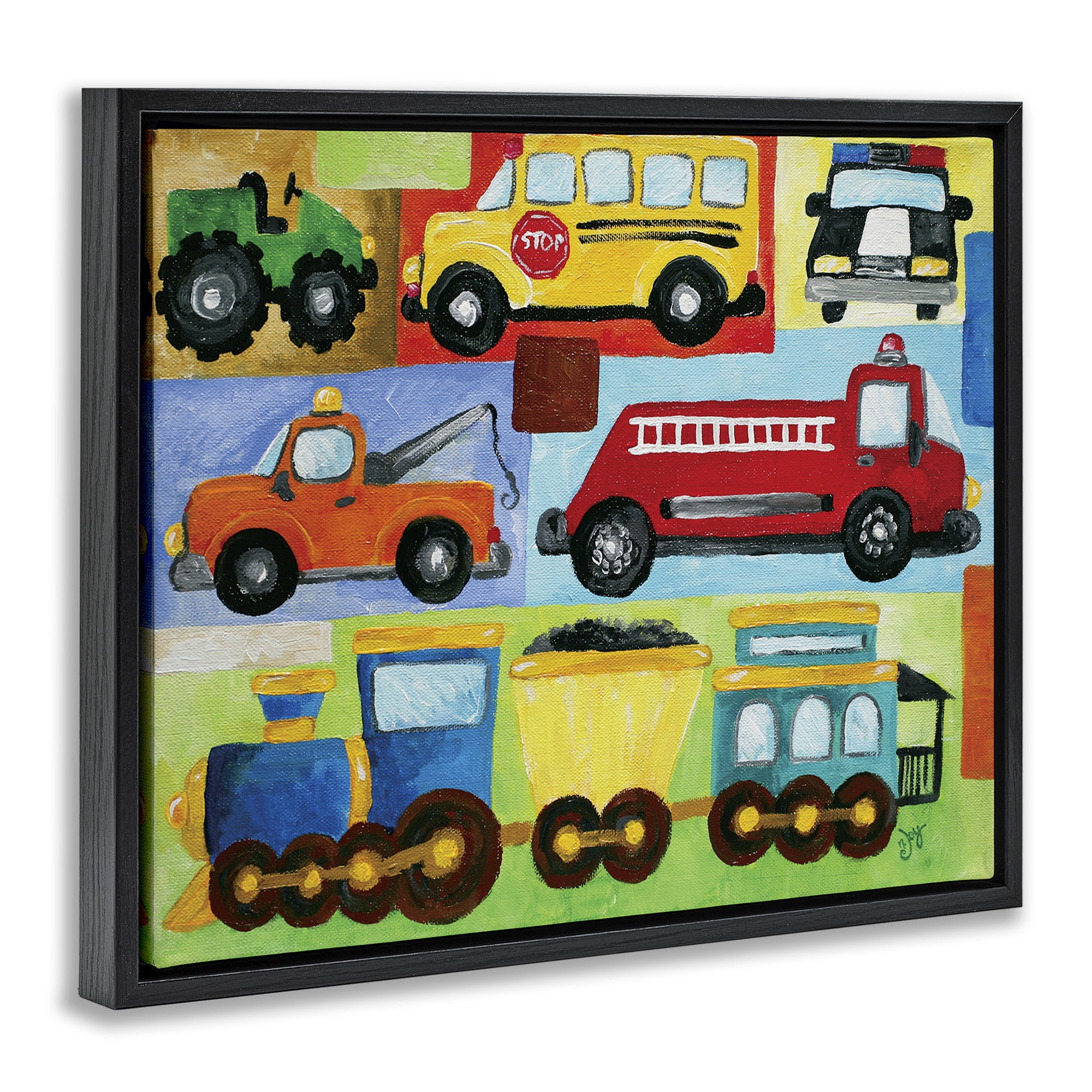 Stupell Industries Whimsical Transportation Collage Art for Kids Painting Black Floater Framed Canvas Art Print Wall Art, 21 x 17