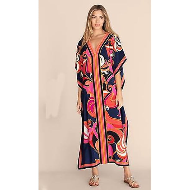 Long Kaftan Bohemian Impreso Bikini Cover-ups Sexy V-cuello Media manga Maxi Vestido Túnica Mujeres Ropa de playa Traje de baño Cubierta