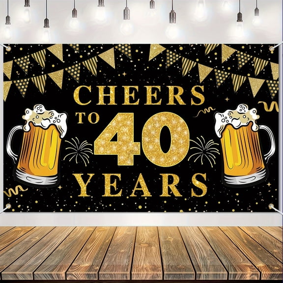 Happy 40 Th Birthday Banner Background Party Decoration, Black Gold Cheers 40 Years Photo Party Supplies Background, 40 Th Anniversary Photo Booth Poster Black Gold Birthday Party Outdoor Indoor