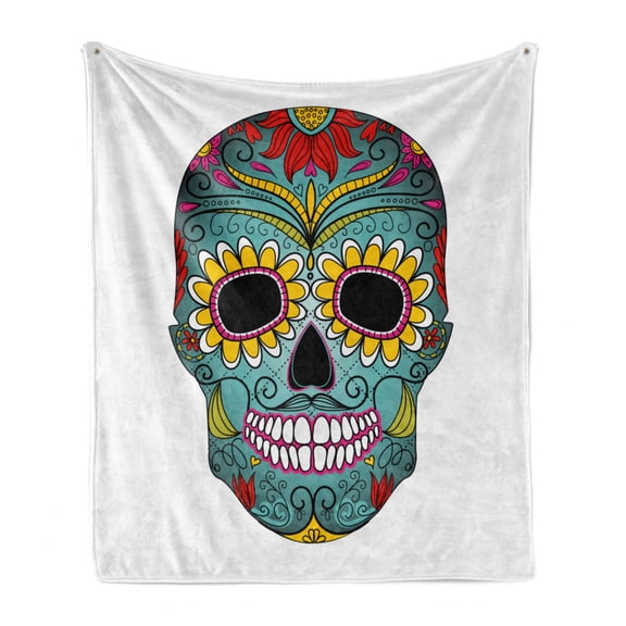 Sugar Skull Soft Flannel Fleece Throw Blanket, Folk Art Elements Featured Skull Day of the Dead Celebration Concept Print, Cozy Plush for Indoor and Outdoor Use, 60" x 80", Multicolor, by Ambesonne