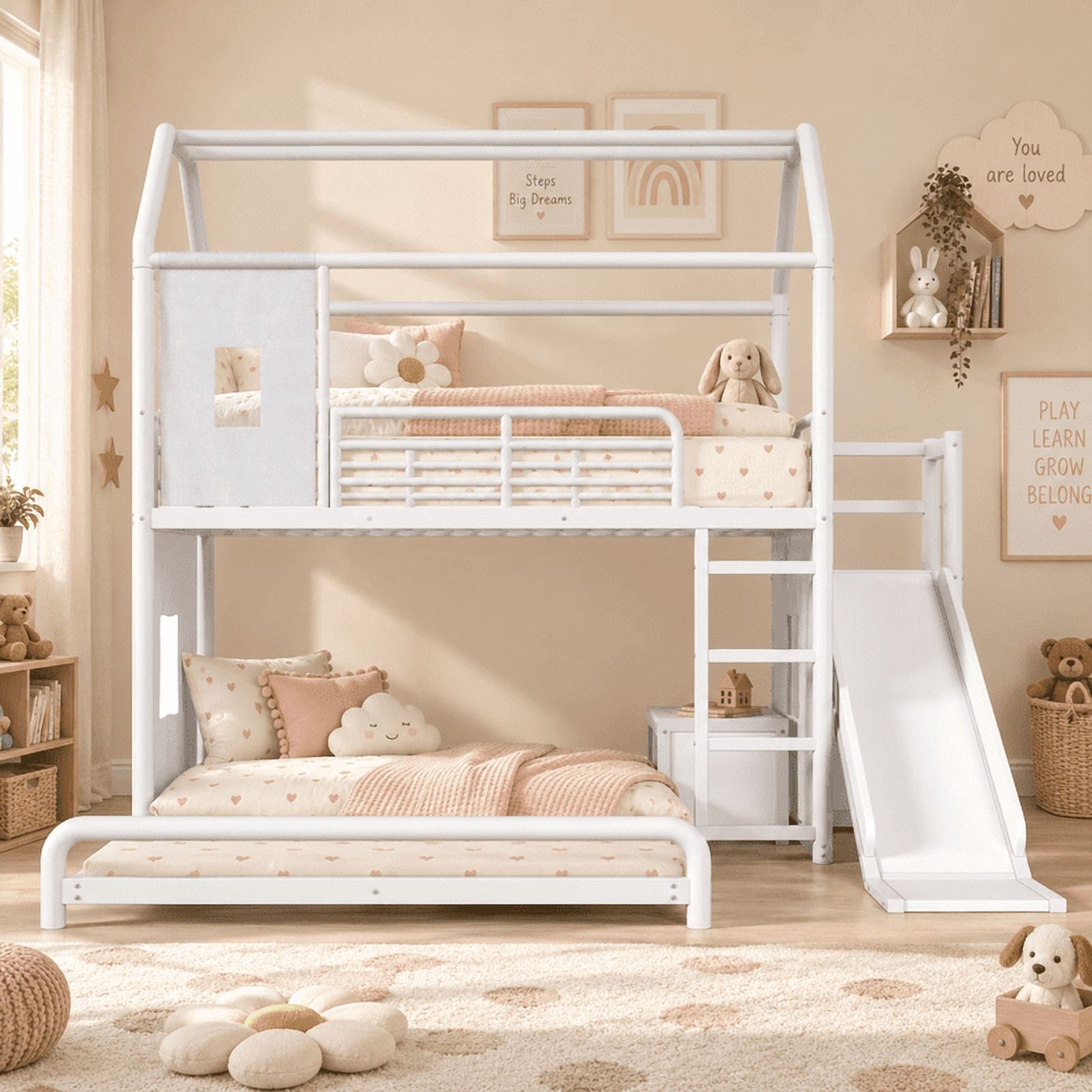 Twin over Full Metal Bunk Bed with Slide, Ladder, LED Light Strip, Privacy Curtain, Movable Storage Cabinet & Hanging Rod, House Shaped Kids Bunk Bed