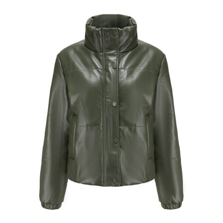 Lilgiuy Womens Warm Long Sleeve Jacket Slim Winter Parkas Faux Leather Hoodless Coats Army Green 12 Winter Fashion 2022