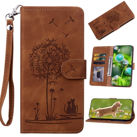 Wallet Case For Samsung Galaxy A15,PU Leather Magnetic Clasp Flip Kickstand Folio Cover with RFID Blocking Card Holders,Cute Dandelion Cat Embossed Shockproof with Wrist Strap,Brown