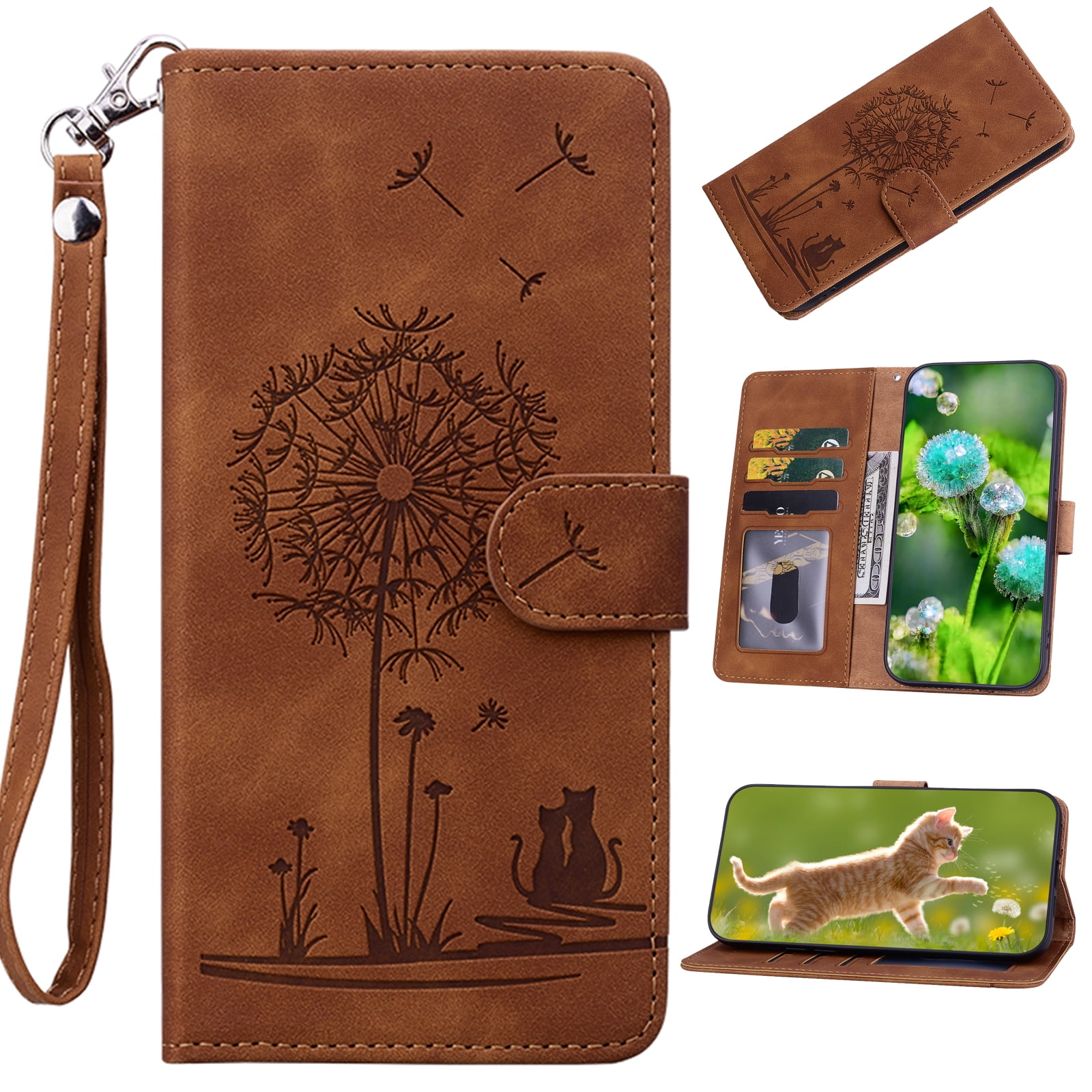Wallet Case For Samsung Galaxy S10,PU Leather Magnetic Clasp Flip Kickstand Folio Cover with RFID Blocking Card Holders,Cute Dandelion Cat Embossed Shockproof with Wrist Strap,Brown